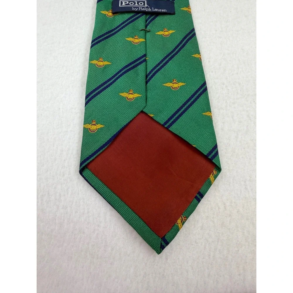 Polo Ralph Lauren Silk Tie Green Navy Blue Striped Gold Crest Embroidered Mens
